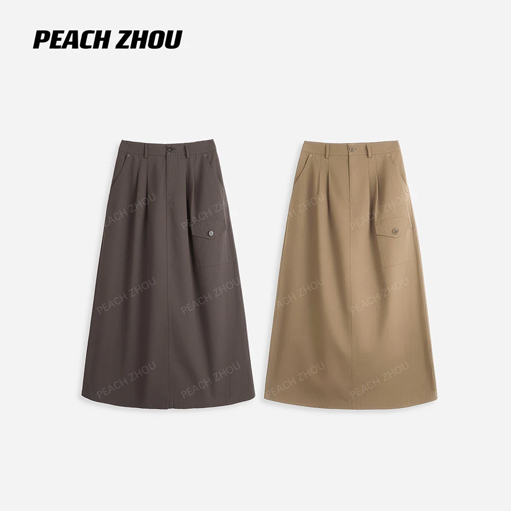 『PEACHZHOU』棉布压褶袋盖宽松后开叉A字裙系扣松紧腰工装半身裙
