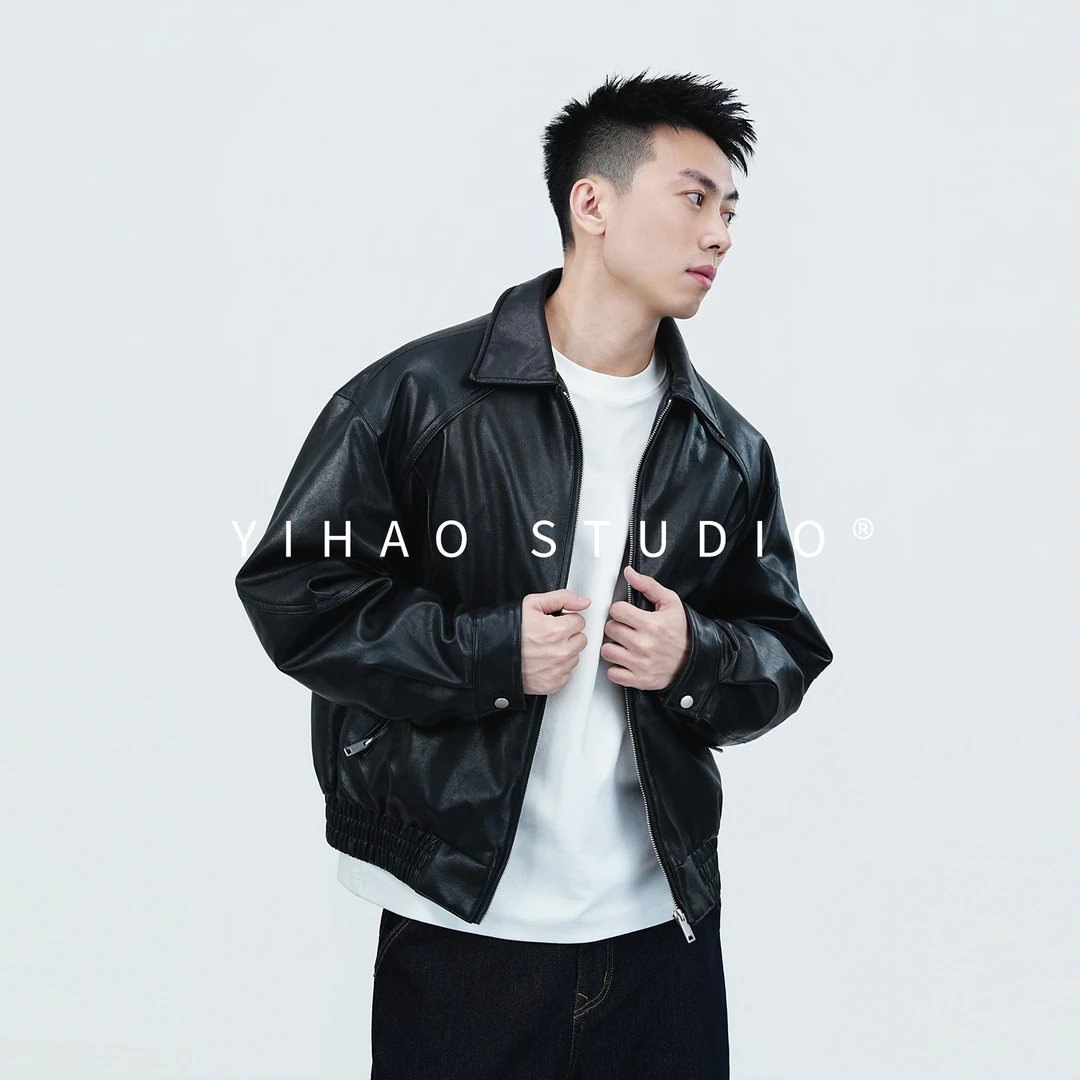 YIHAO STUDIO秋冬男款高级简约Cleanfit羽绒服百搭休闲PU皮衣外套