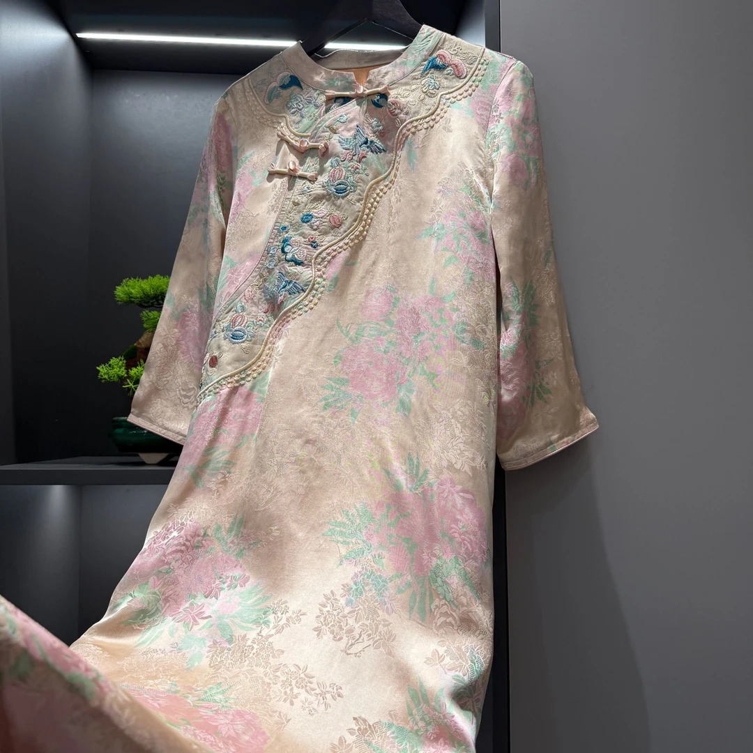 【南风暖】中式连衣裙复古斜襟盘扣花卉绣花传统改良气质连衣裙3068