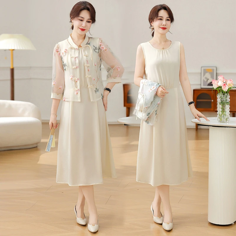 新中式妈妈连衣裙夏装套装气质40岁中老年女国风雪纺衫裙子两件套