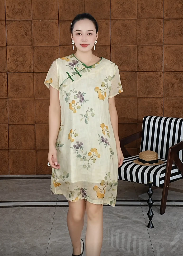 2025新款圆领原创印花新中式斜襟盘口春夏季苎麻改良旗袍显瘦时尚
