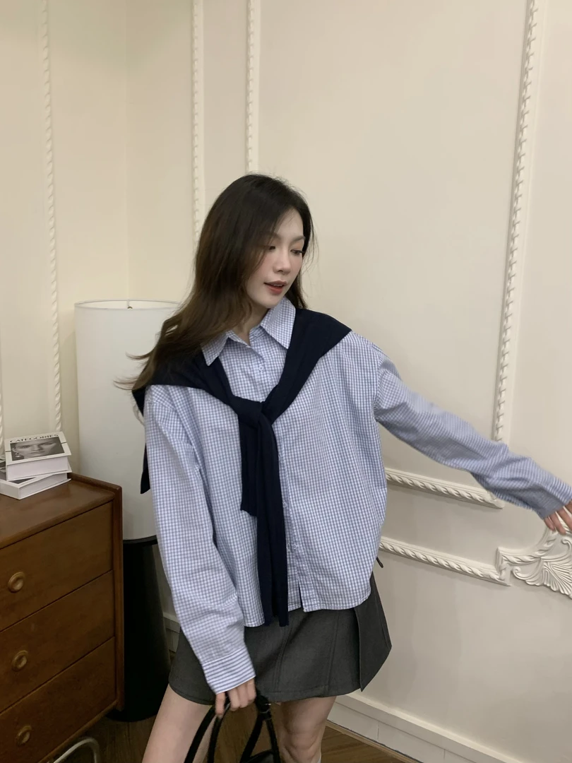 减龄甜美POLO领长袖格纹衬衫#221