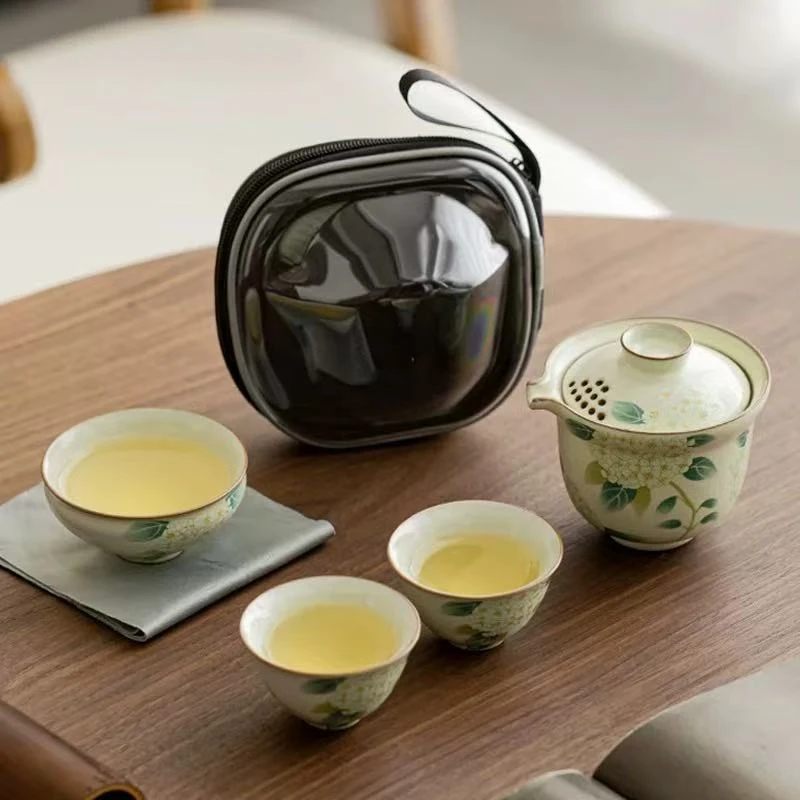 汝窑 团花 一壶三杯户外便携式家用旅行茶具130