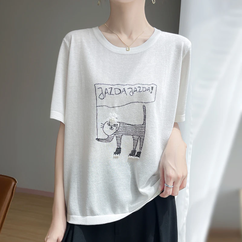 夏季新款凉感竹节麻独特卡通T恤女清爽冰丝钉珠印花宽松短袖上衣