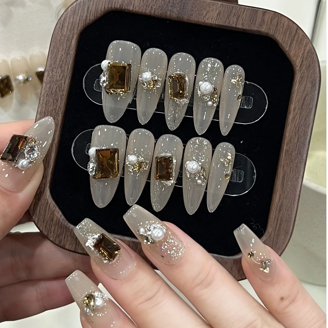 C255 轻奢金棕款奶茶纯手工穿戴甲钻款长款美甲可拆卸成品甲片