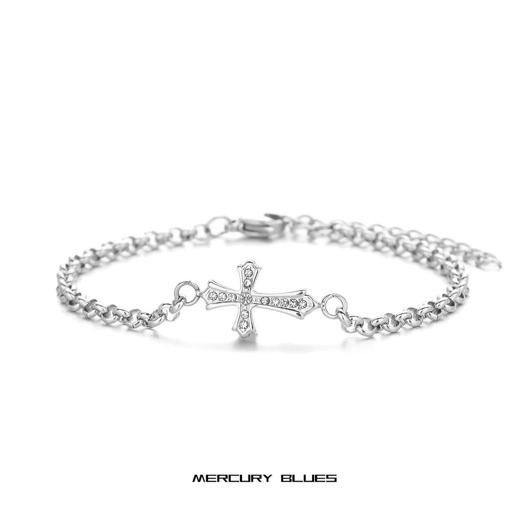 钛钢锆石手链 个性镶钻十字架手链男女时尚小众百搭时尚情侣手饰