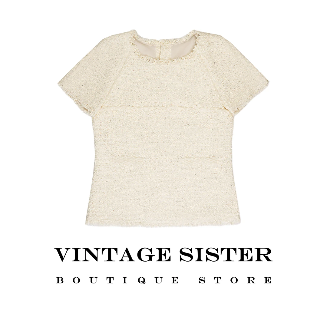 VINTAGE SISTER【中古姐妹同款】港风女针织白色小香风短袖上衣7353