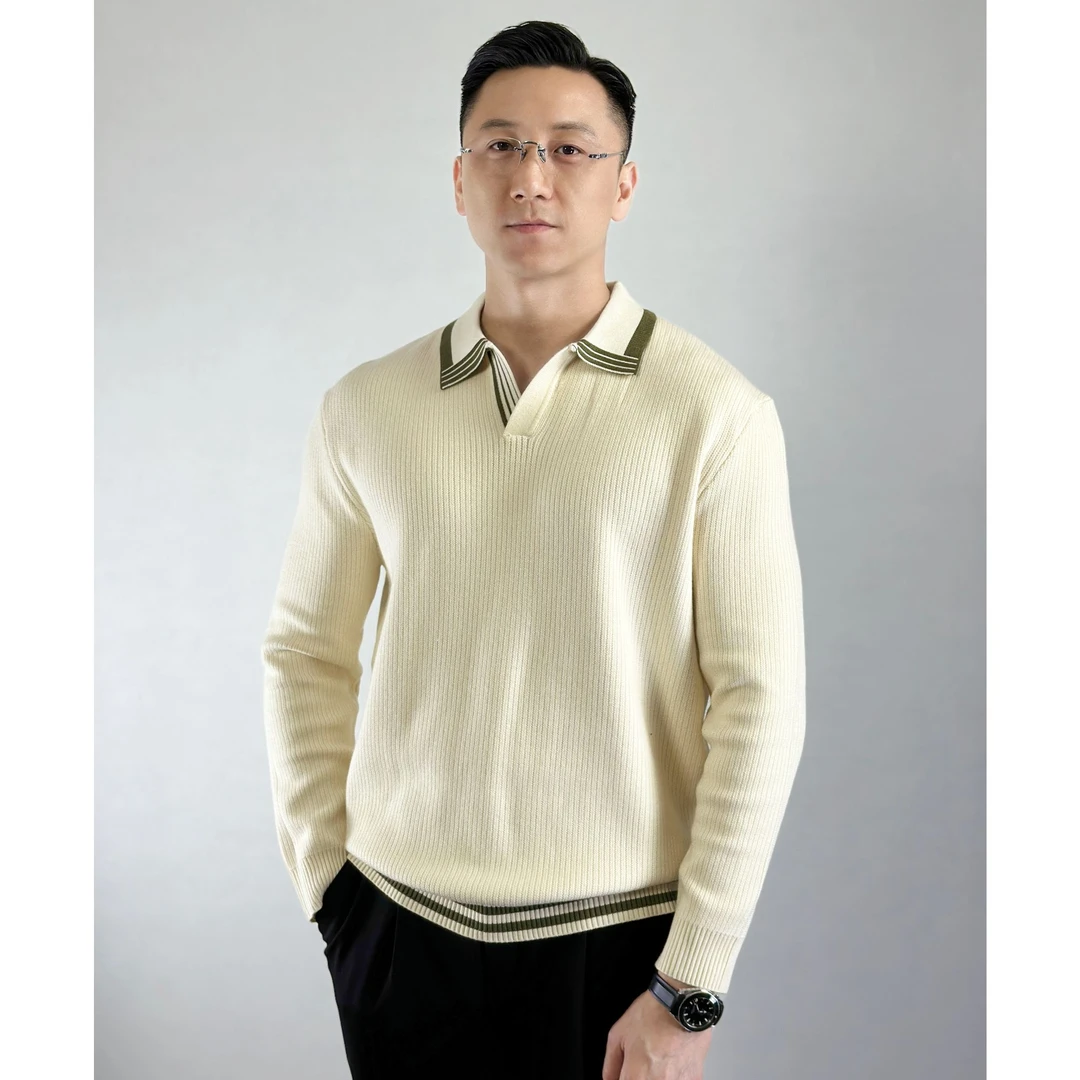 2025秋季新款条纹海鸥领长袖针织衫翻领毛衫男士宽松老钱风毛衣