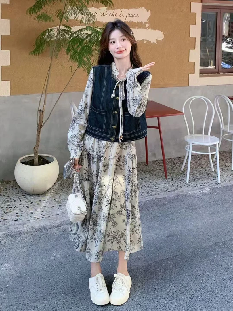 大码柚8151新中式连衣裙套装女春秋2025新款一整套牛仔马甲两件套