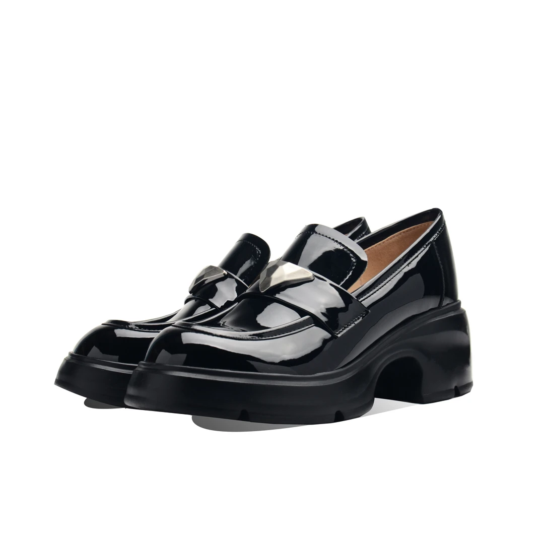 LOSESOLE休闲风中跟圆头休闲乐福鞋商务皮鞋黑色女士单鞋厚底牛皮