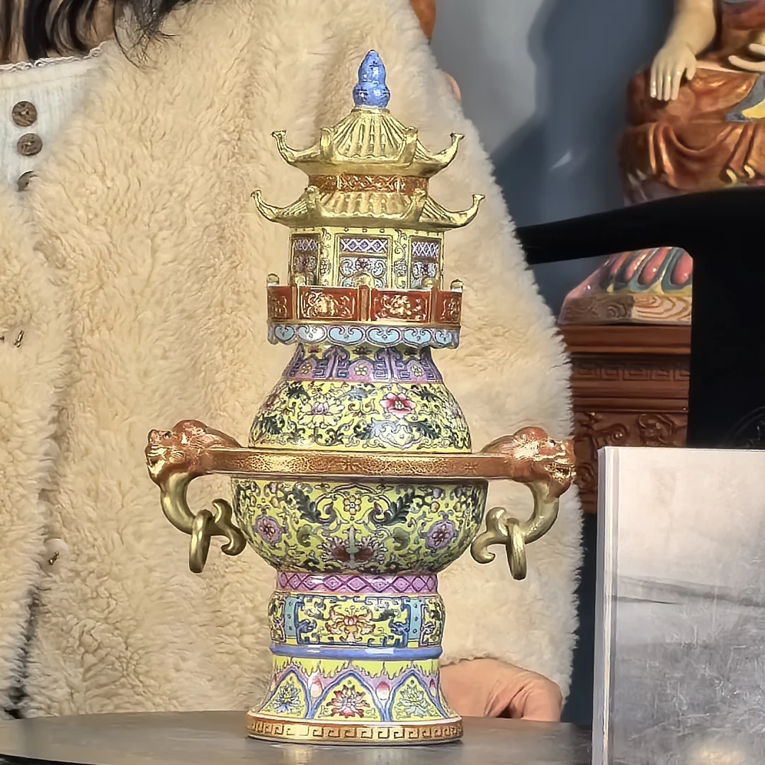 清 珐琅彩黄釉花卉双耳塔香炉