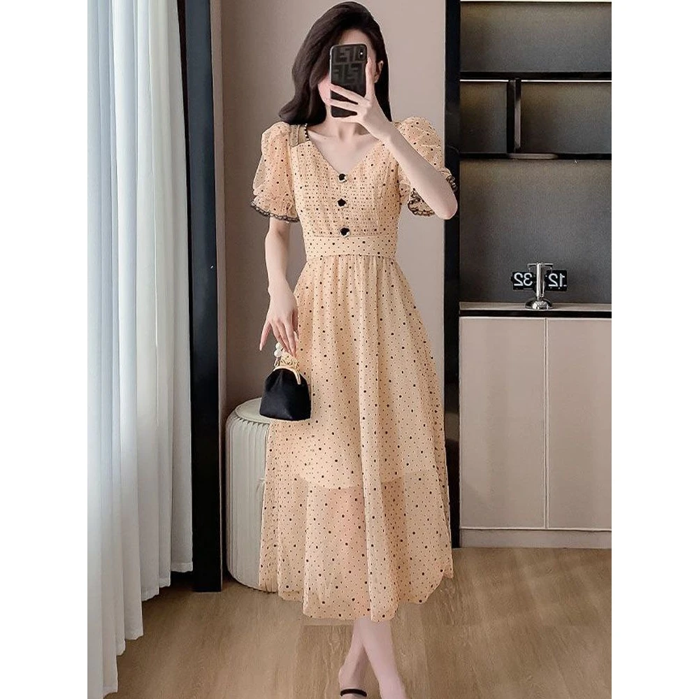 2025夏装新款网纱中长裙领温柔风设计感超好看气质波点连衣裙女