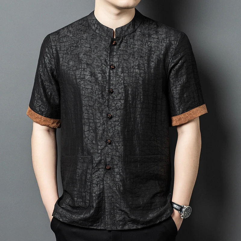 真丝桑蚕丝100%中青年男士夏季短袖丝绸盘扣上衣中国风新款爆款潮