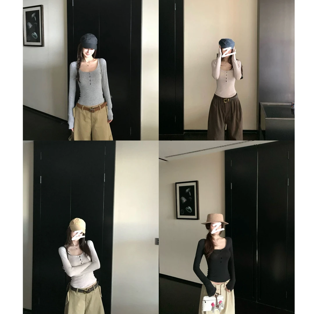 由子衣舍/Youzi Atelier韩漫身材 正肩亨利领纸片人修身辣妹上衣