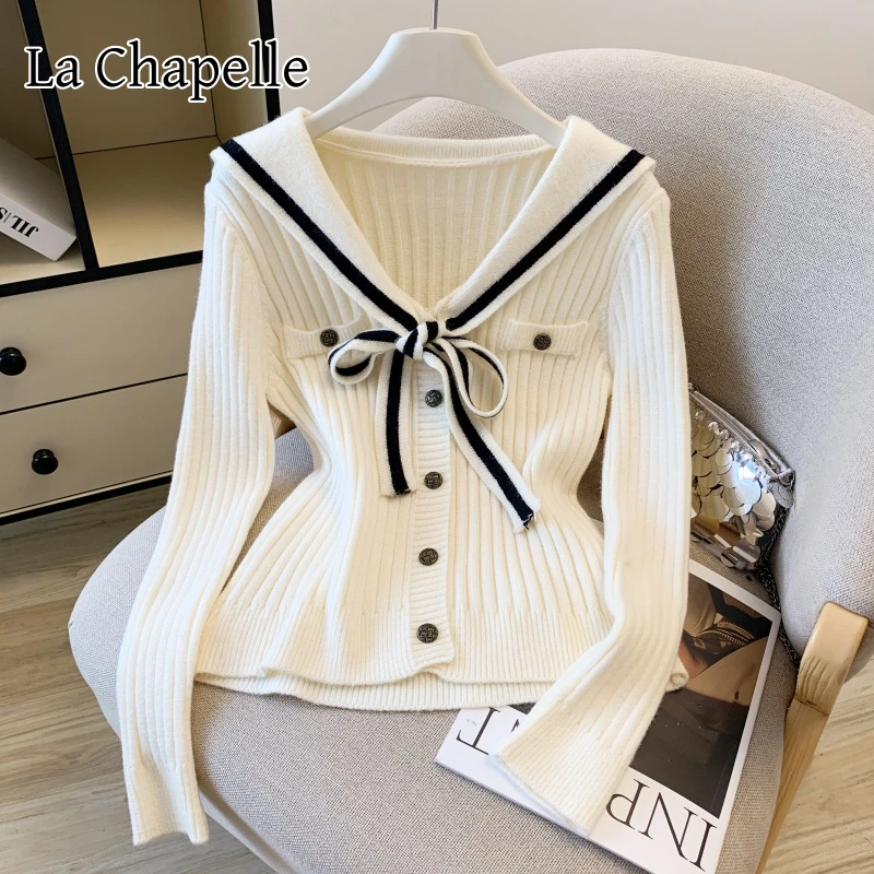 拉夏贝尔百搭海军领长袖针织衫女秋季新款设计高级学院风毛衣上衣