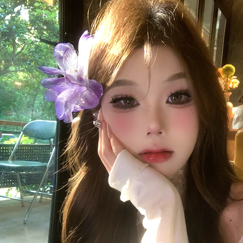纯欲氛围紫色花朵羽毛发夹甜美仙气度假风出片神器发饰