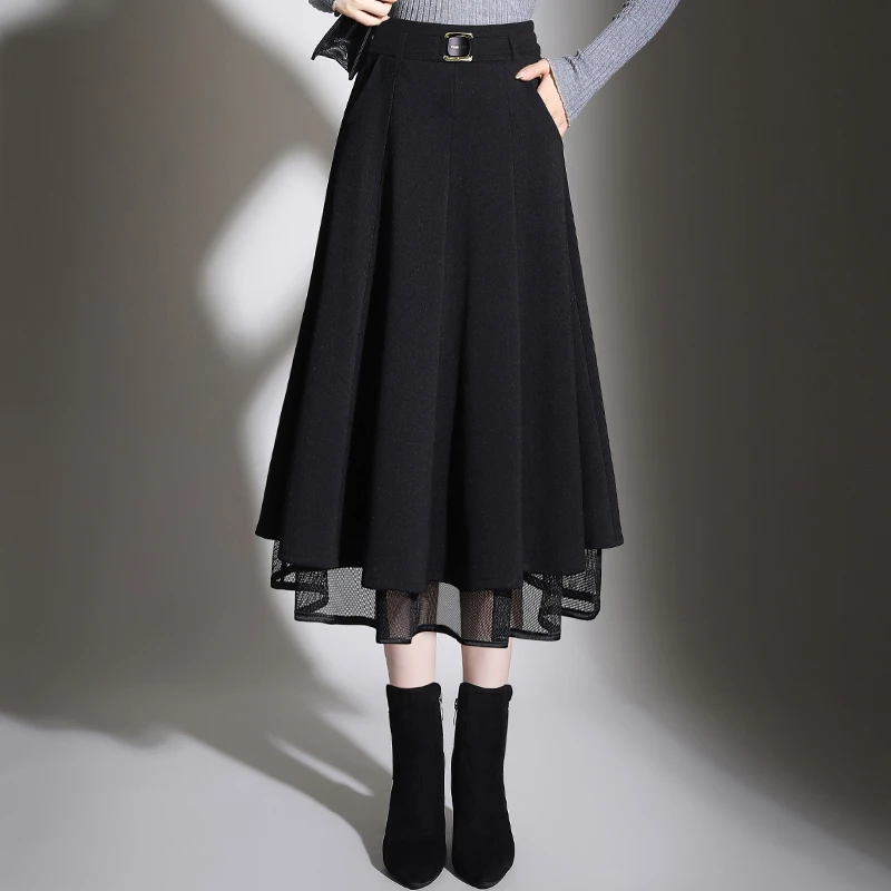 a字裙半身裙女秋冬中长款加厚2024新款高腰百褶垂坠感网纱拼接裙