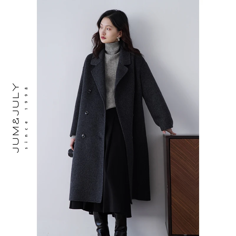 2025年秋冬新款高级感双面毛呢大衣女赫本风呢子外套宽松长款D955