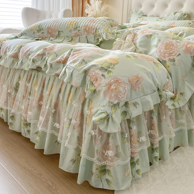 花边田园公主风纯棉蕾丝床裙四件套加厚韩式印花全棉夹棉床罩被套