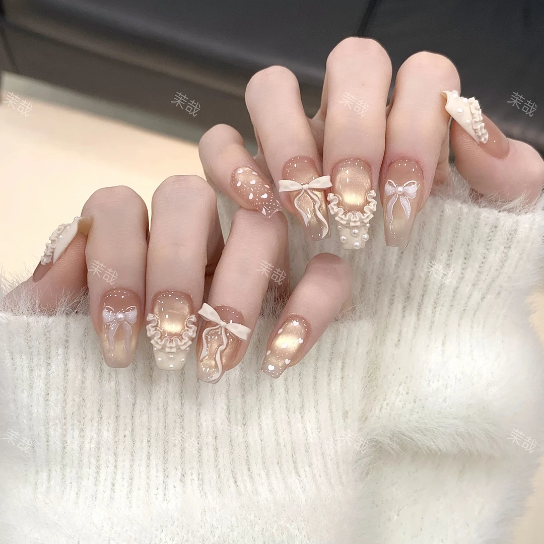 茉哉Y现货【奶霜】纯手工定制美甲拆卸穿戴甲A3791 to