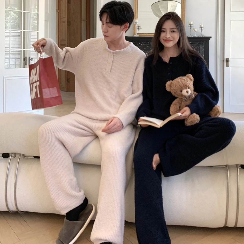 冬季情侣睡衣秋冬套装男女同款半边绒家居服女加绒加厚保暖两件套
