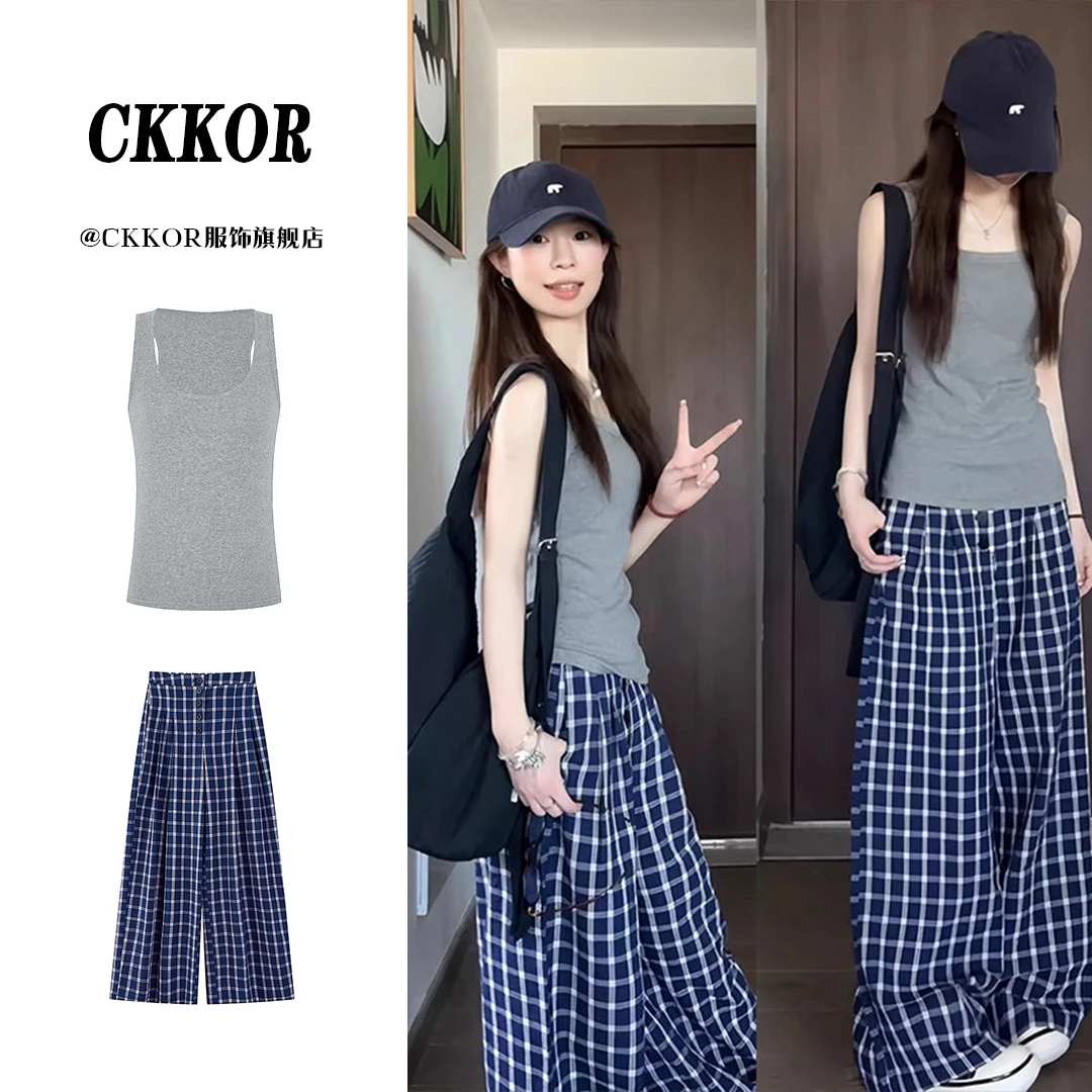 CKKOR韩系通勤辣妹套装女夏季新款无袖背心高腰显瘦休闲阔腿裤子