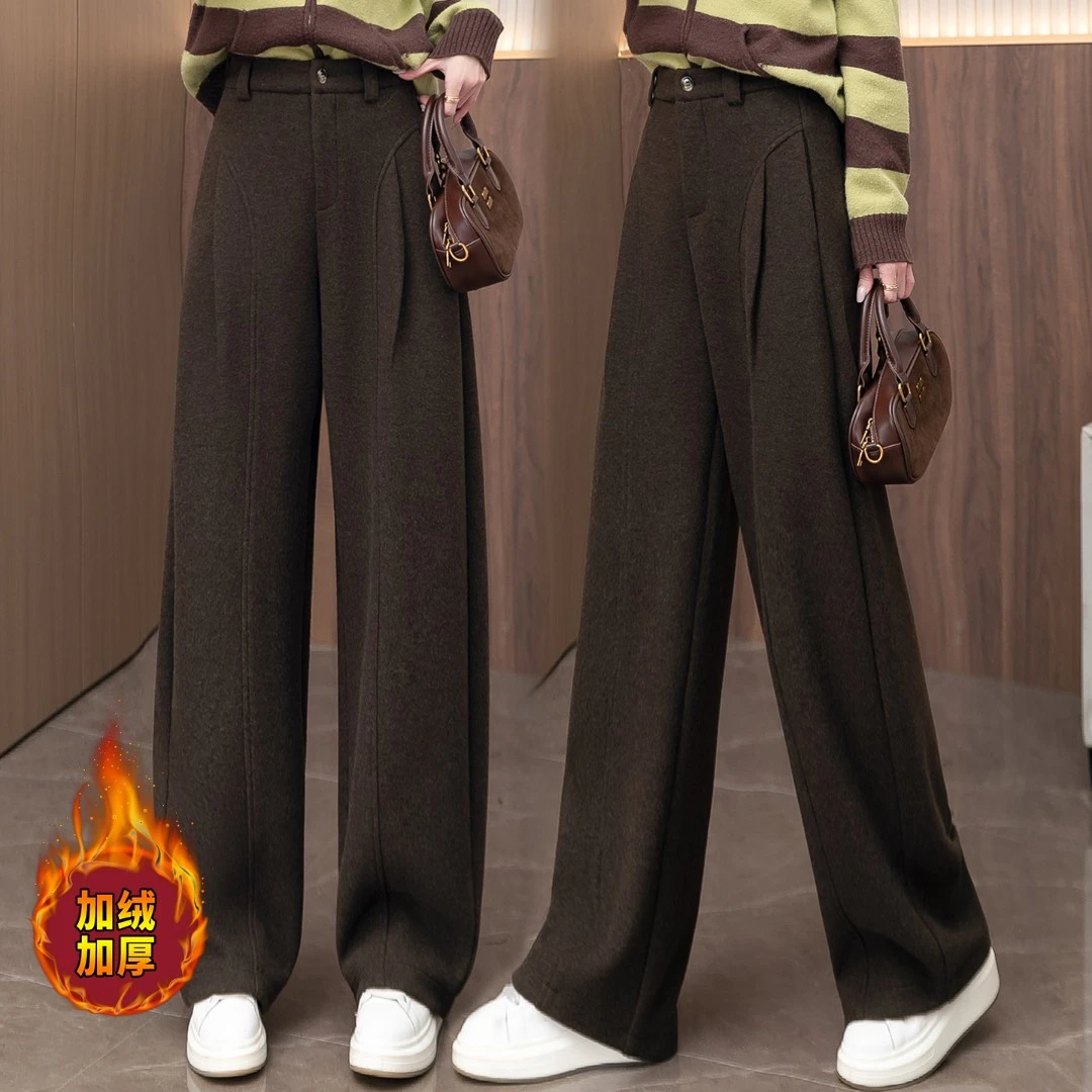 羊毛呢阔腿贝斯裤女秋冬新款高腰显瘦宽松加绒加厚保暖直筒弯刀裤