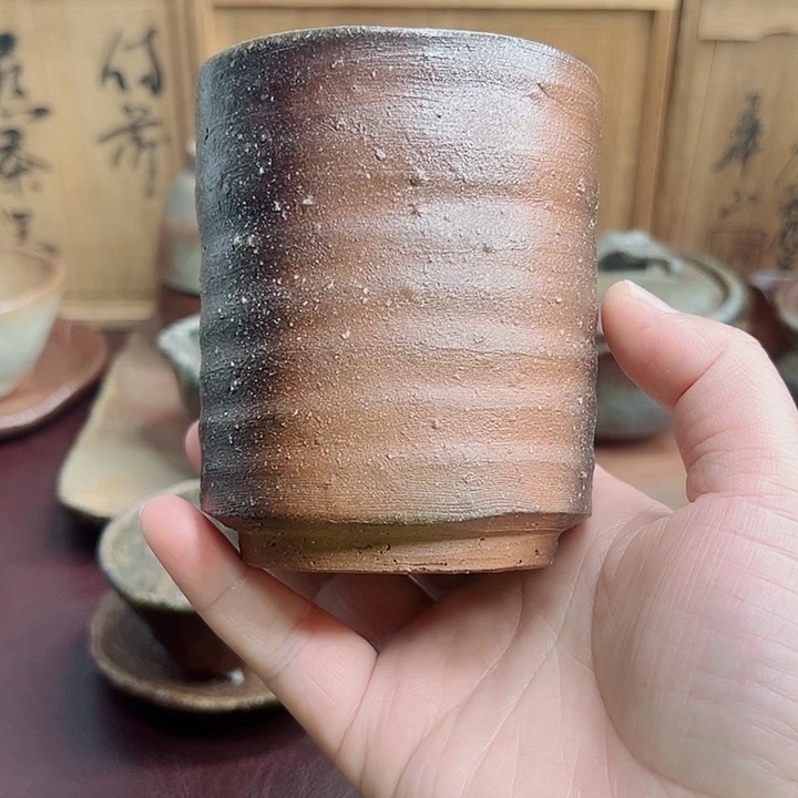 备前烧，大高杯，款自查，