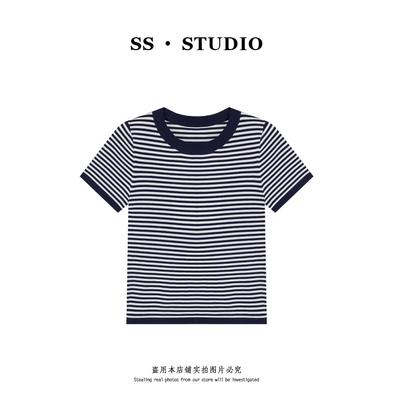 【SUSU】条纹撞色圆领针织夏季薄款休闲百搭短袖上衣SS-5356