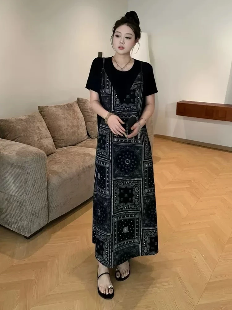 大码高级感欧货假两件短袖连衣裙夏季胖mm宽松显瘦遮肉气质长裙子
