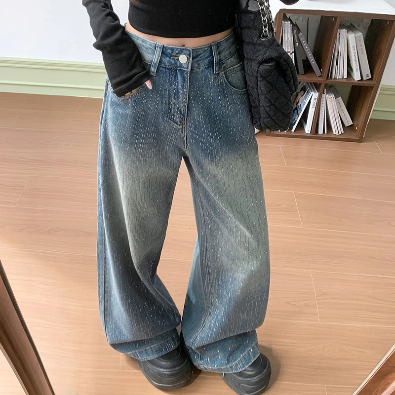 7787【金拐子专属】满天星河烫钻阔腿牛仔裤女2025高级感直筒拖地裤