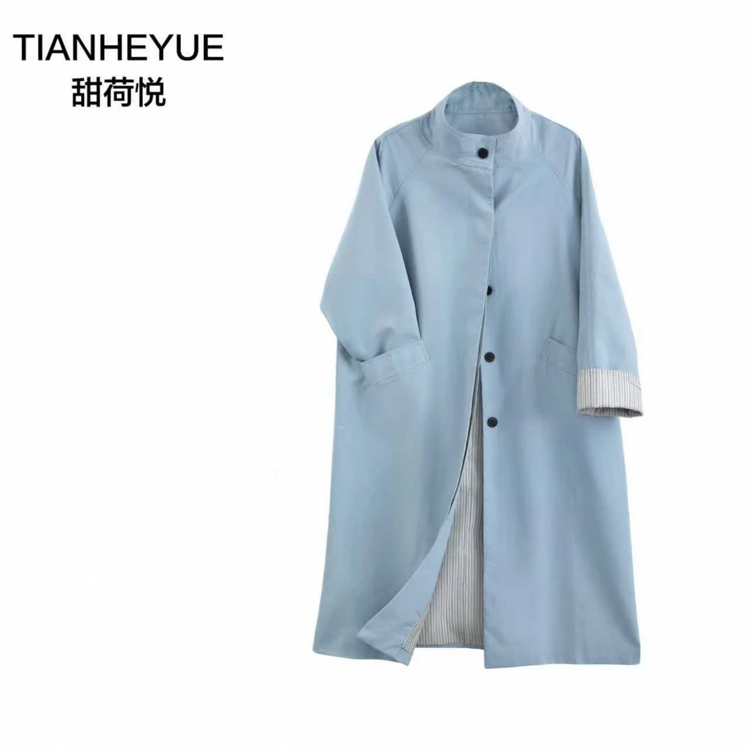 【交个朋友】2025秋季新款立领单排扣条纹翻袖中长款情侣风衣