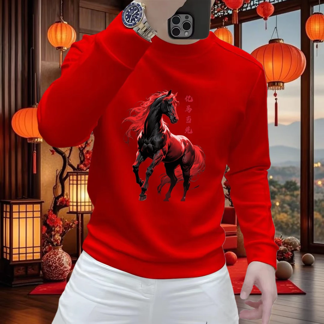 马年秋冬新款百搭潮流印花圆领男士长袖红色卫衣休闲短袖T打底衫