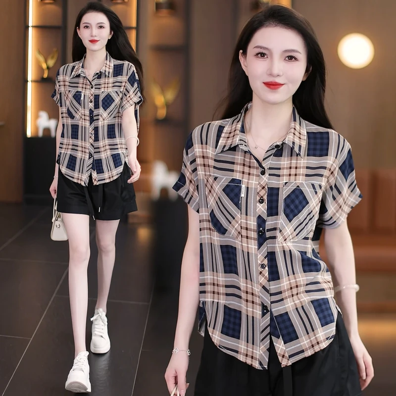 冰丝格子雪纺衬衫女2025夏季新款时尚减龄气质休闲百搭洋气小衫