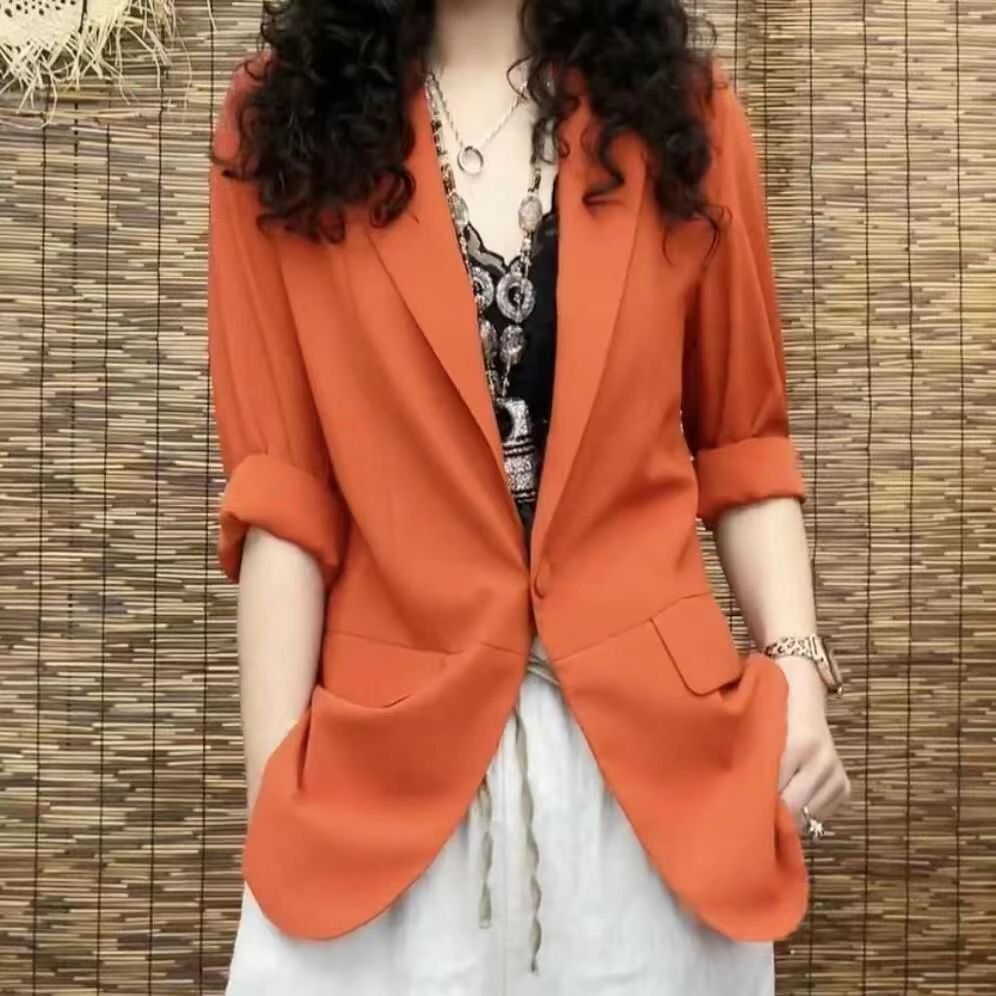 亚麻薄款西装外套女士2025春夏季新款气质修身小西服休闲大码上衣