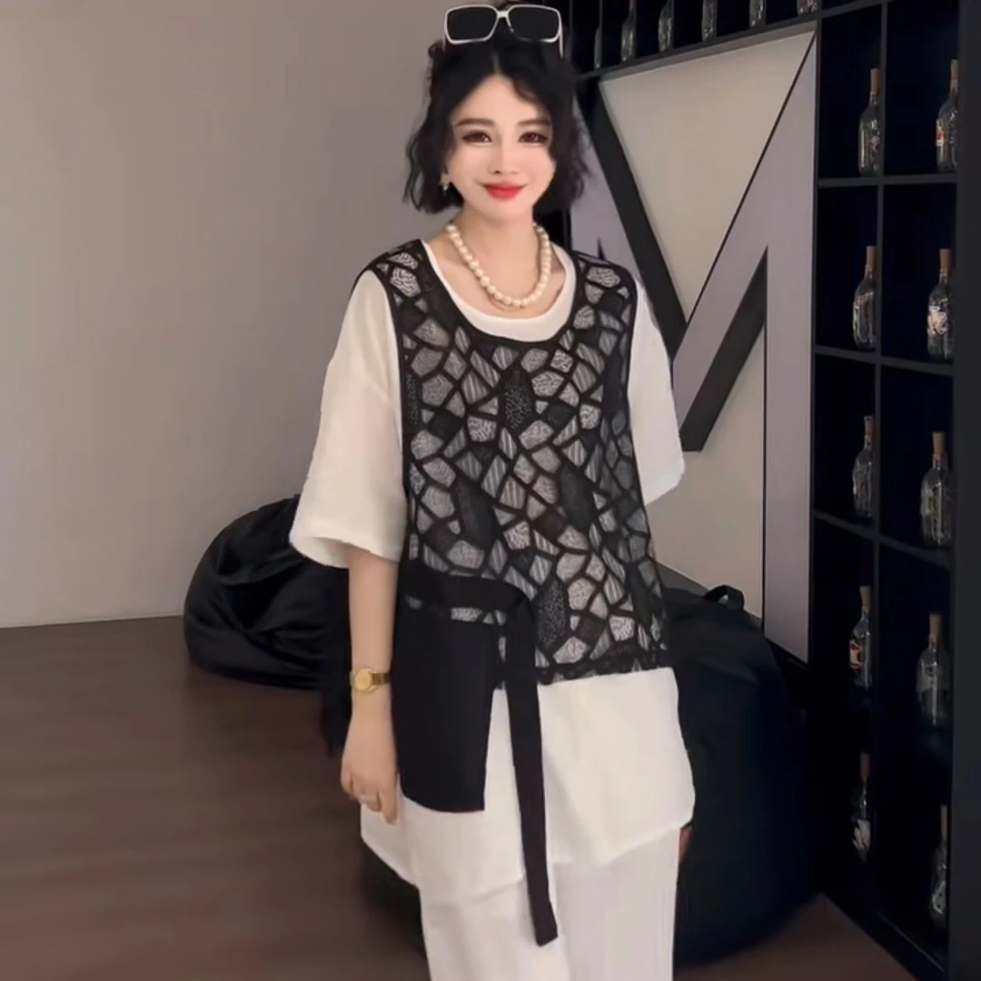 新款宽松圆领配蕾丝坎两件套大码半袖中长款显瘦气质百搭