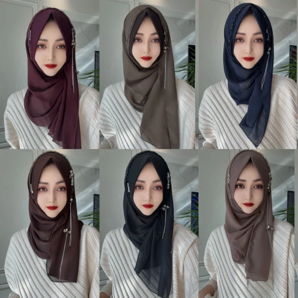 X【蝶恋】秋冬新款水晶麻拼接雪纺套头绕巾头巾