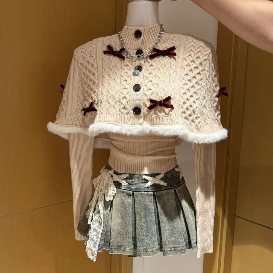 MUA家焦糖可可纯欲蝴蝶结上衣牛仔百褶裙