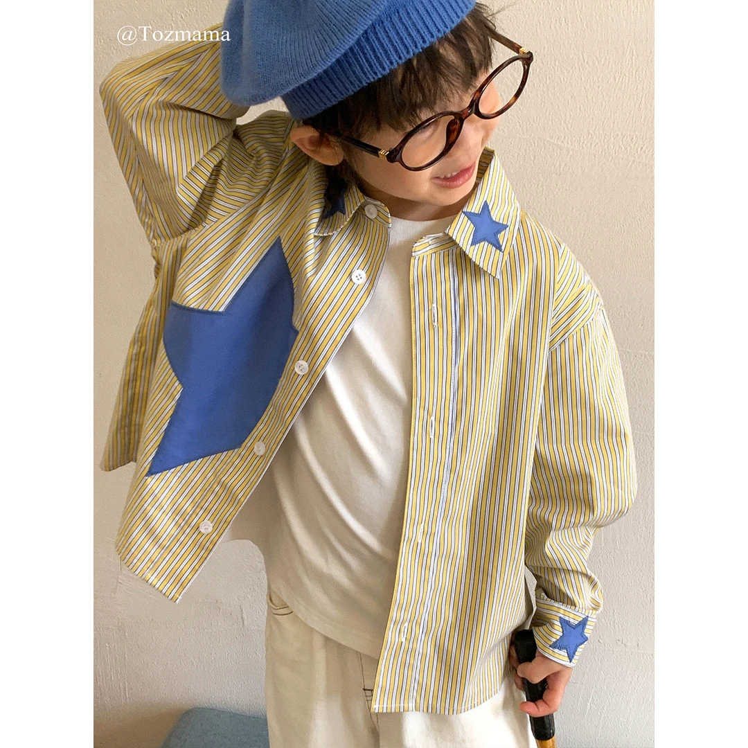 豆几妈 7/18 儿童秋装星星贴布拼接翻领长袖衬衫男童条纹衬衣秋款