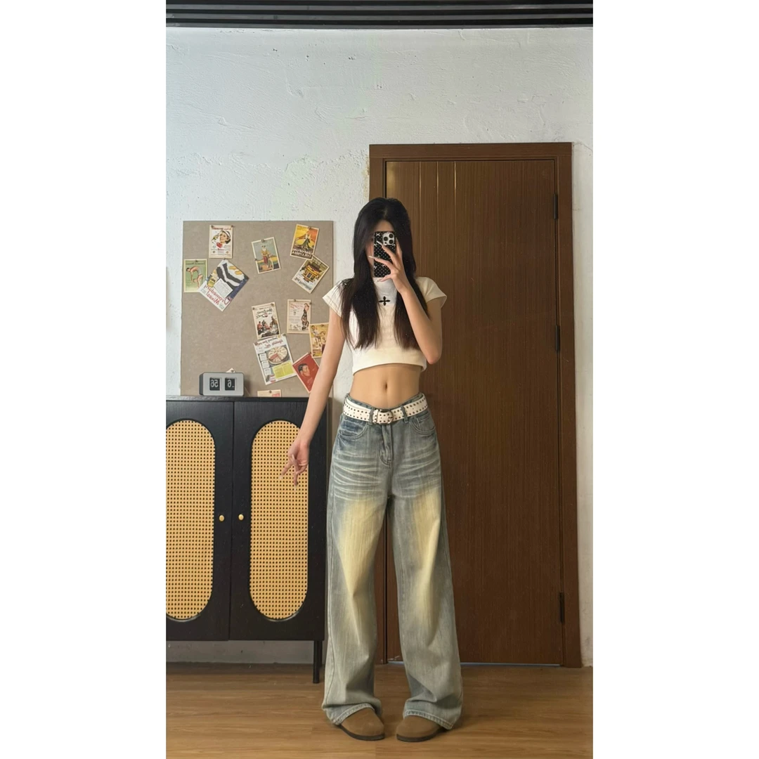 【NIKO】夏季新款牛仔裤女水洗复古蓝中低腰直筒阔腿裤显瘦显腿长