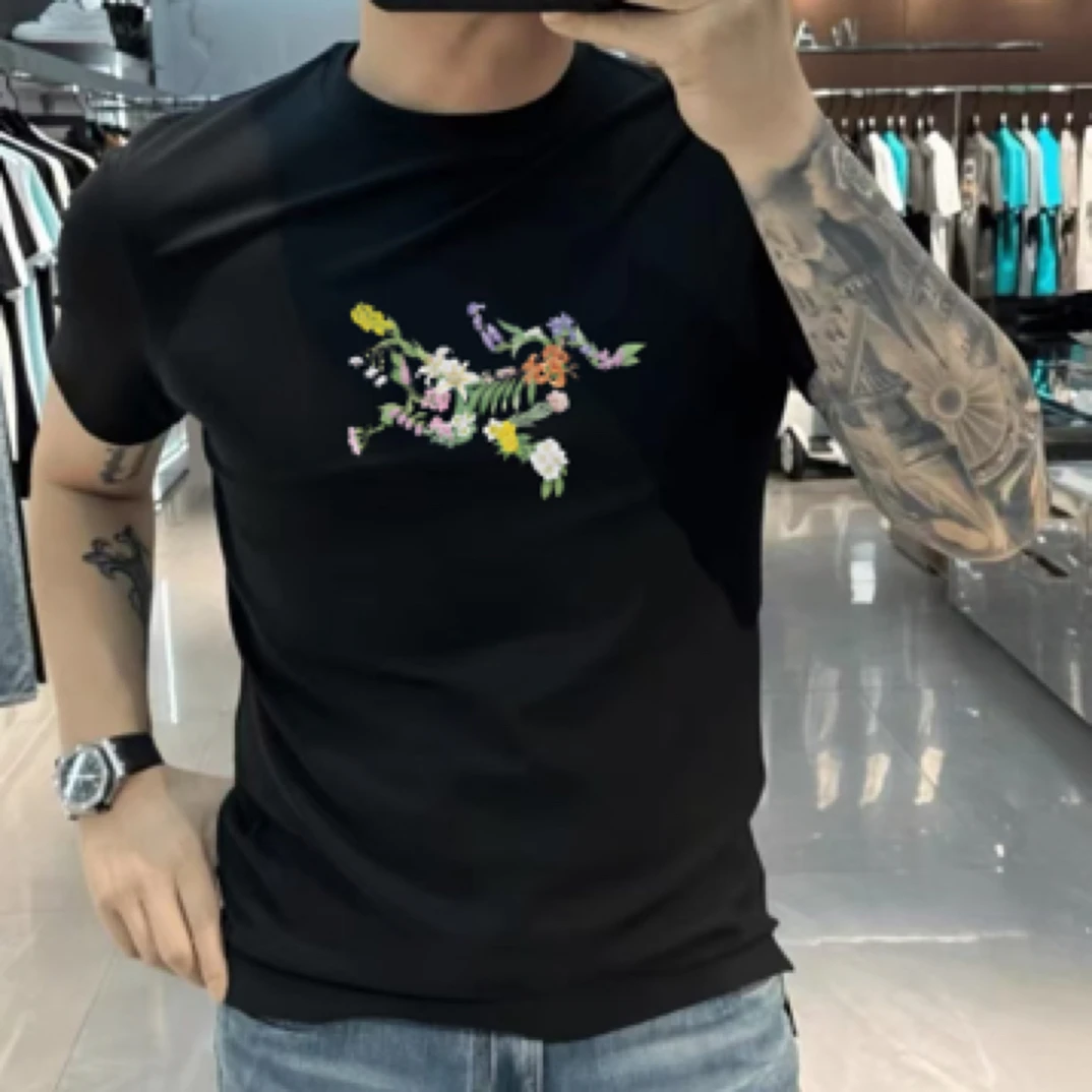 短袖绣花图夏季丝光棉显瘦男士T恤秋夏慵懒风少女风