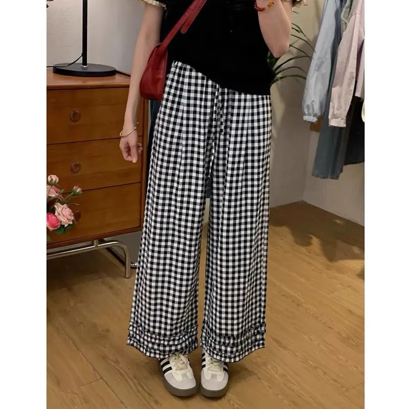 木耳边格子阔腿裤女夏季小个子直筒九分裤垂坠感宽松慵懒风休闲裤