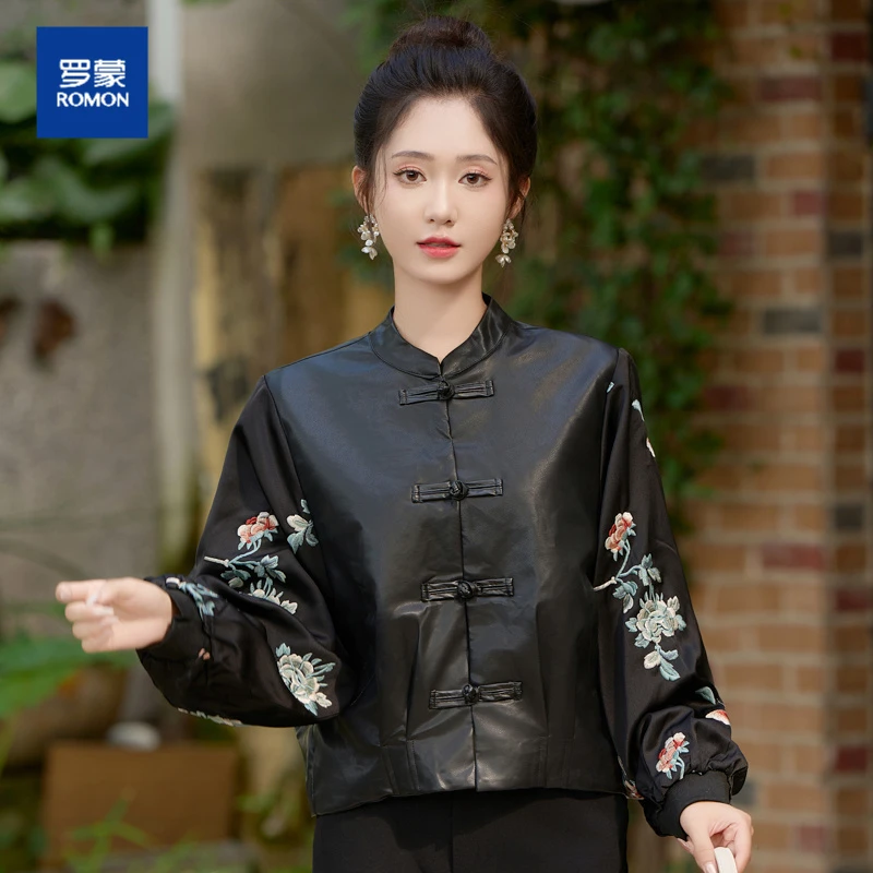 新中式国风皮衣外套女2025春季新款爆款高级感拼接刺绣盘扣皮夹克