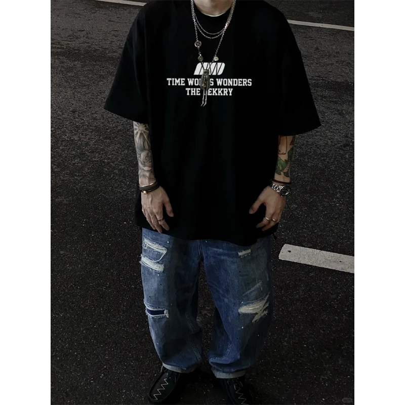 labzaa美式简约小众ins字母印花纯棉短袖T恤男女夏季休闲宽松上衣