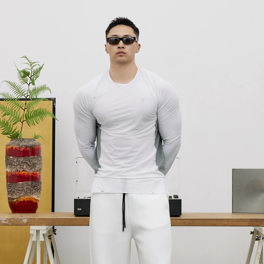 Basic Unit基本单元 秋季压胶运动T恤男长袖紧身拼色弹力健身衣服