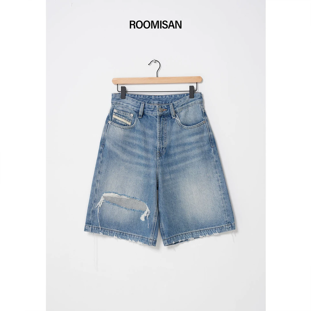 ROOMISAN25SS/【土耳其进口时髦做旧破洞流苏补丁中裤】25455