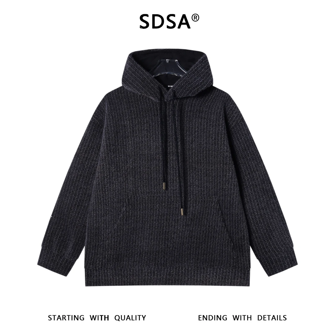 SDSA男士秋冬新款痞帅男装潮牌绒毛竖纹暗纹抽绳连帽卫衣休闲高街