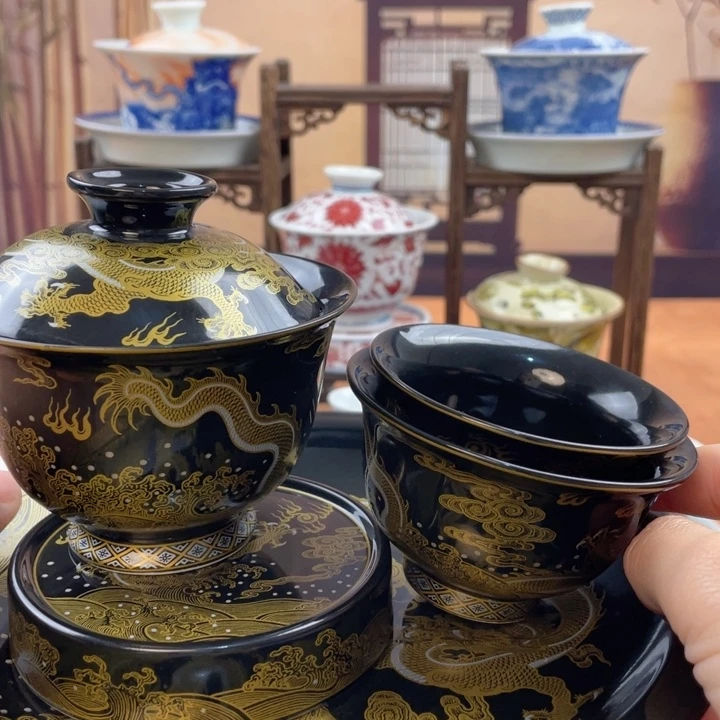 李***1摆件陶黑金龙五件套