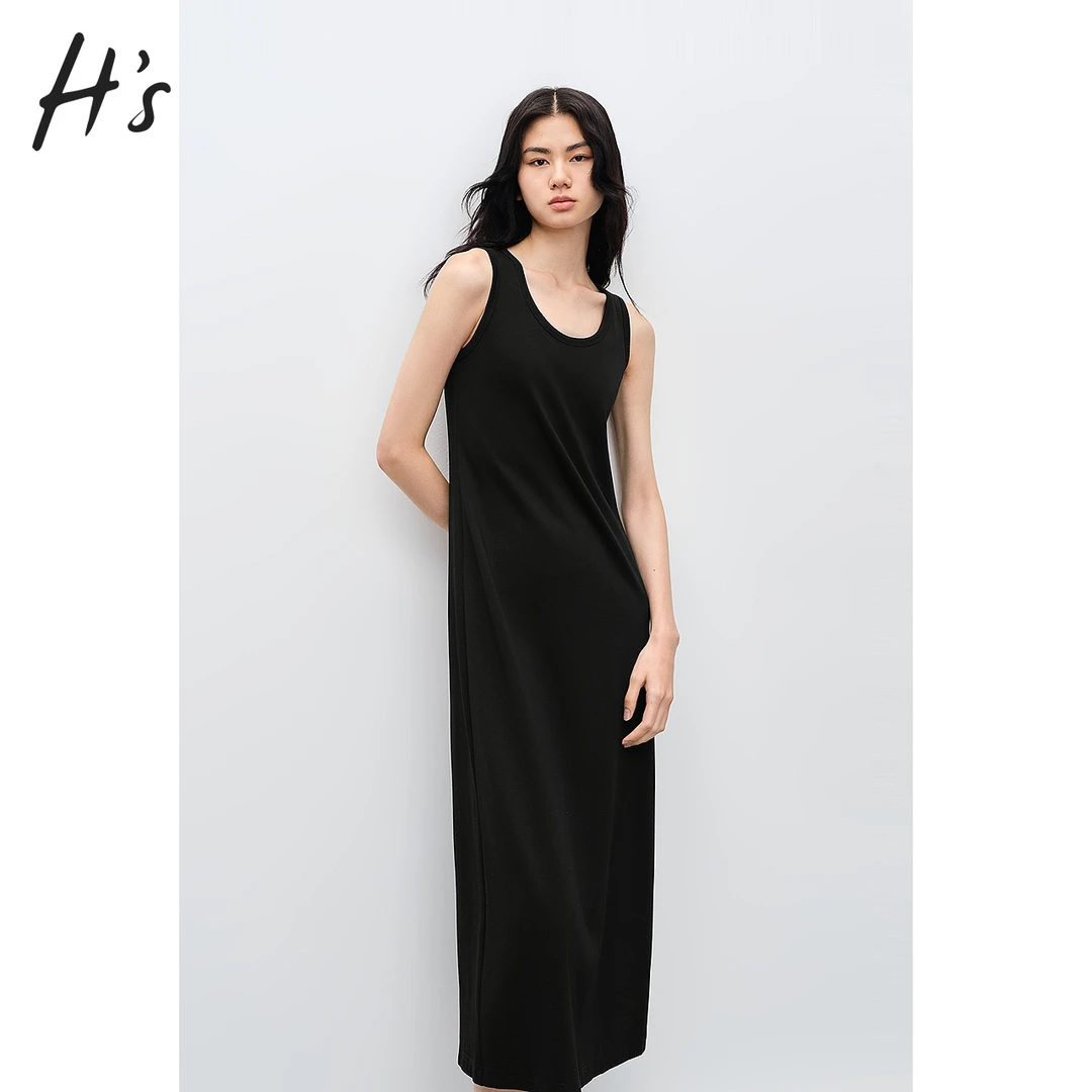 【赵老板专属9757】H'S黑色背心连衣裙秋装u领休闲直筒无袖裙长裙