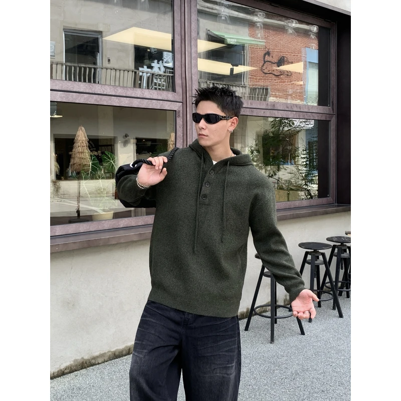 日系秋冬季慵懒风连帽毛衣男2025新款宽松针织衫外套复古套头上衣